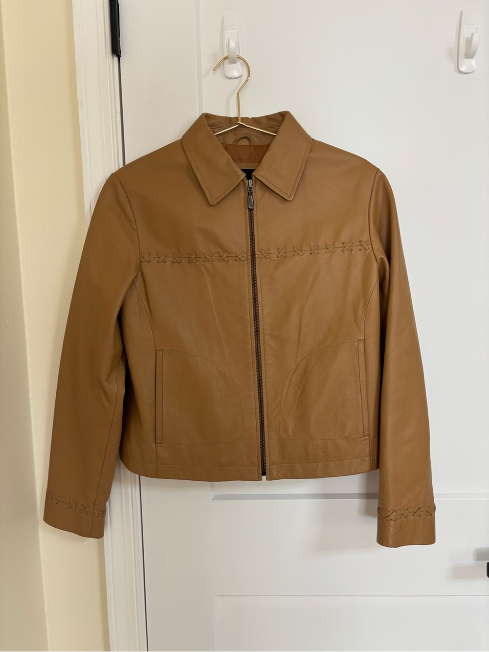 Marcia Women's Tan Leather Zip-Up Jacket with Decorative Stitching